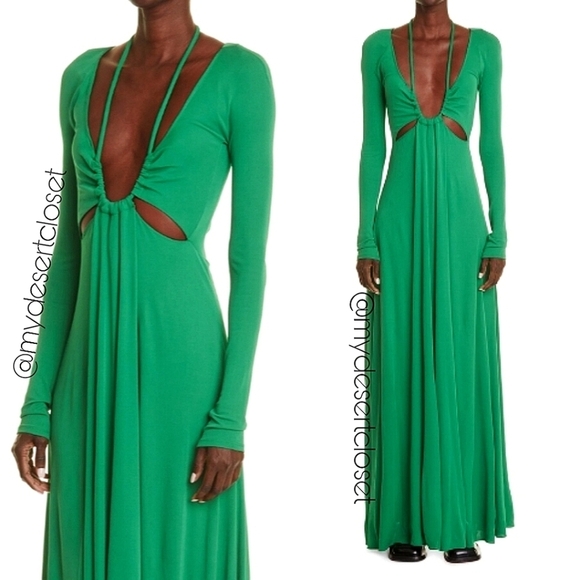Proenza Schouler Drawstring Keyhole Matte Cutout Green Jersey Maxi Dress - Picture 2 of 16